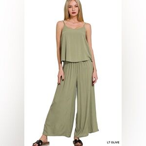 WOVEN CAMI & PANTS 2-PIECE SET- Lt Olive